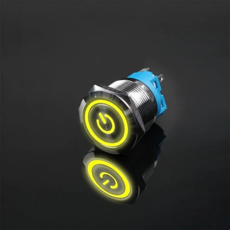 Botão Liga Desliga 19mm LED Amarelo 12/24v Com Trava Símbolo POWER