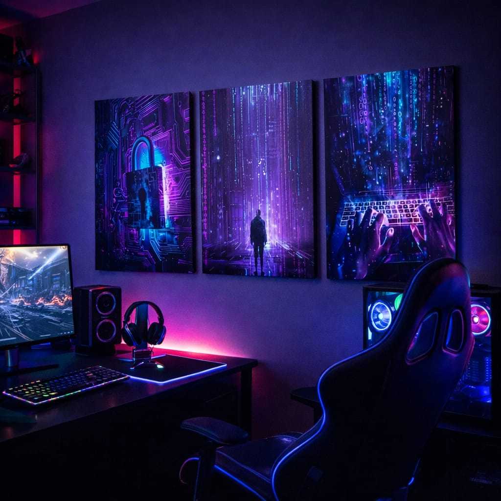 Kit 3 Quadros Decorativos Gamer Cyberpunk Código Digital Tecnologia para Quarto Gamer