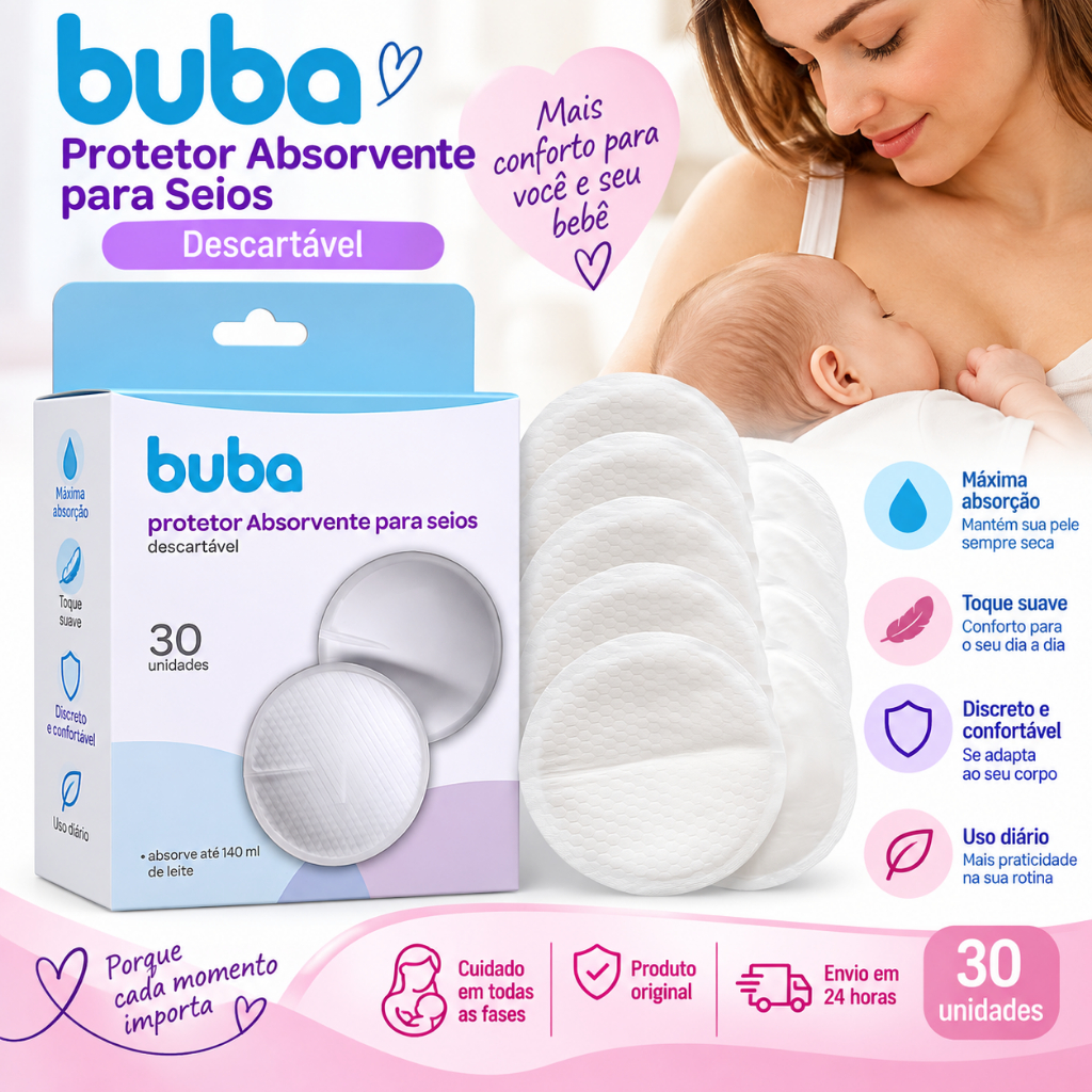 Protetor Absorvente para Seios Buba 30 Unidades Descartável Antivazamento e Anatômico