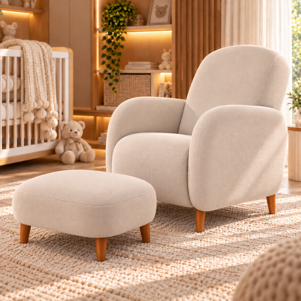 Poltrona Luxo Orgânica Boucle Bege Pés Palito Bege Mommy Puff para Sala Moderna Tila Opal