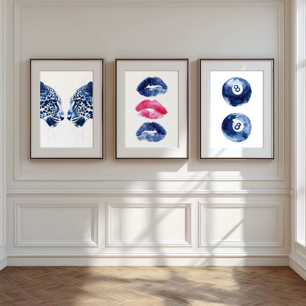 Quadros decorativos arte moderna lábios e leopardo azul (3 peças)