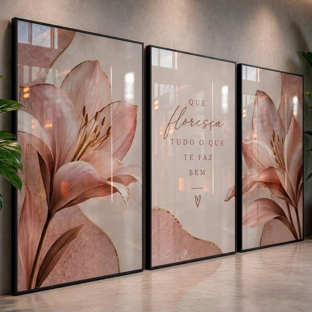Kit 3 Quadros Decorativos Lírios Rosa Frase Positiva Feminino Quarto Sala Delicado Hall
