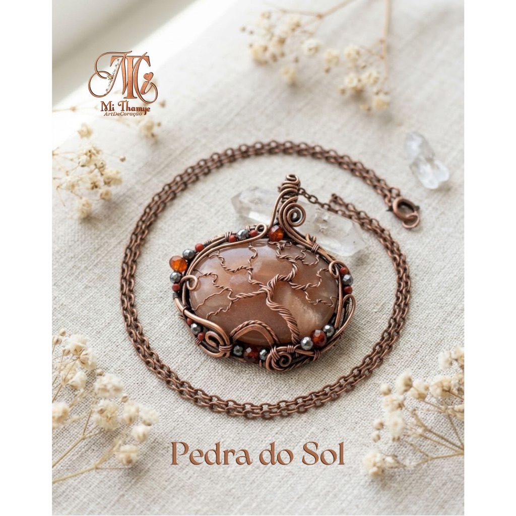 Colar Pedra do sol – Design Árvore da Vida com Pedra Natural envolta em fio de Cobre (MT73-3689)
