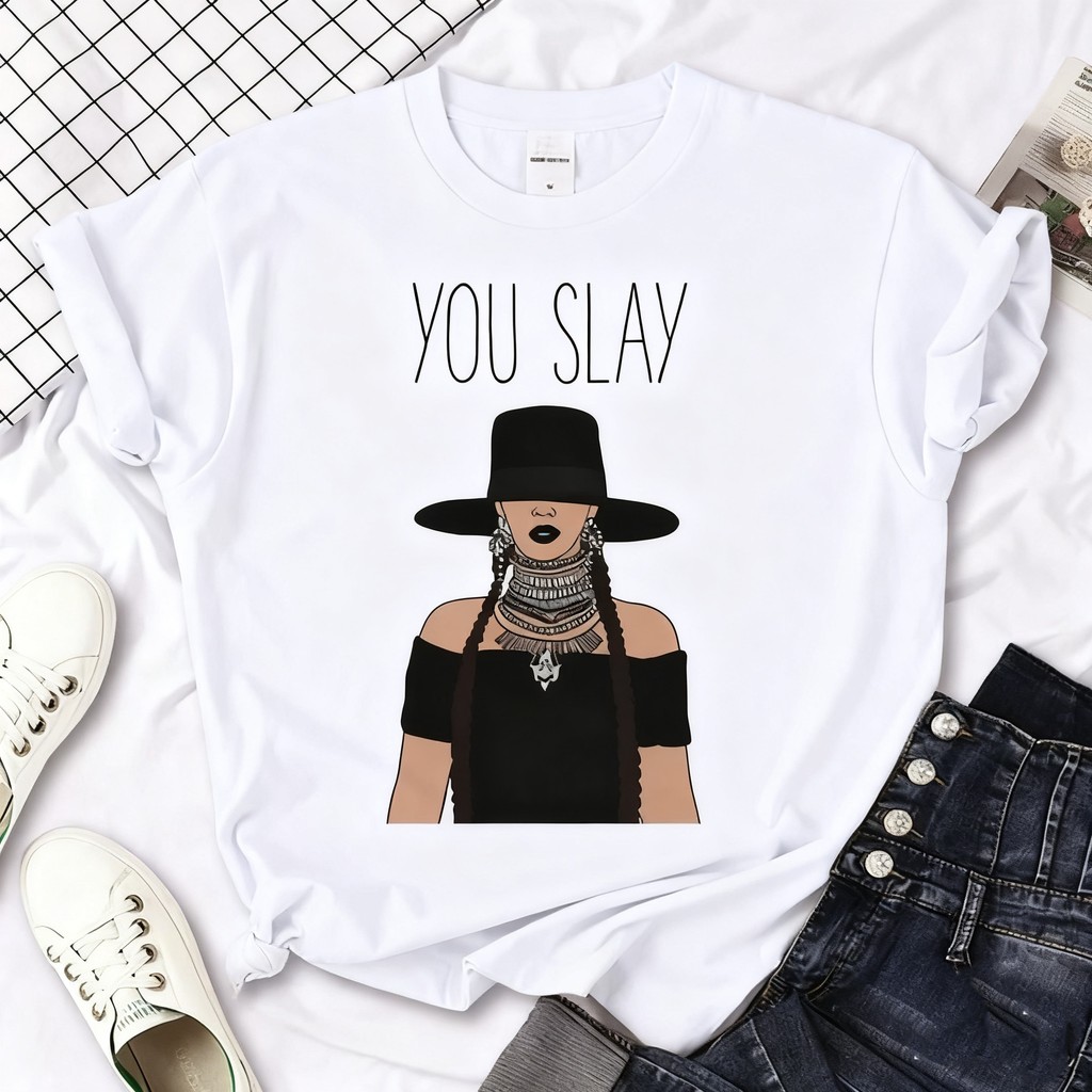 Max Okavango Camiseta Beyoncé You Slay Estampa Chapéu Largo Unissex Moda Venda