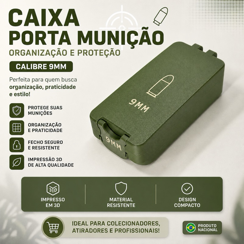 Caixa Porta Munição 9mm | Estojo Organizador de munição
