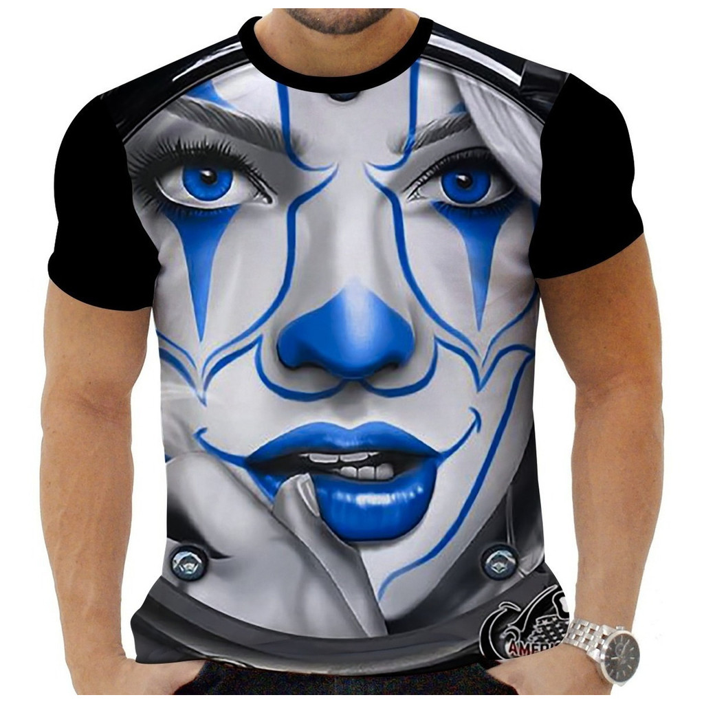 Camisa Camiseta Full Print Arlequina Palhaço Futurista Azul · Unissex Street