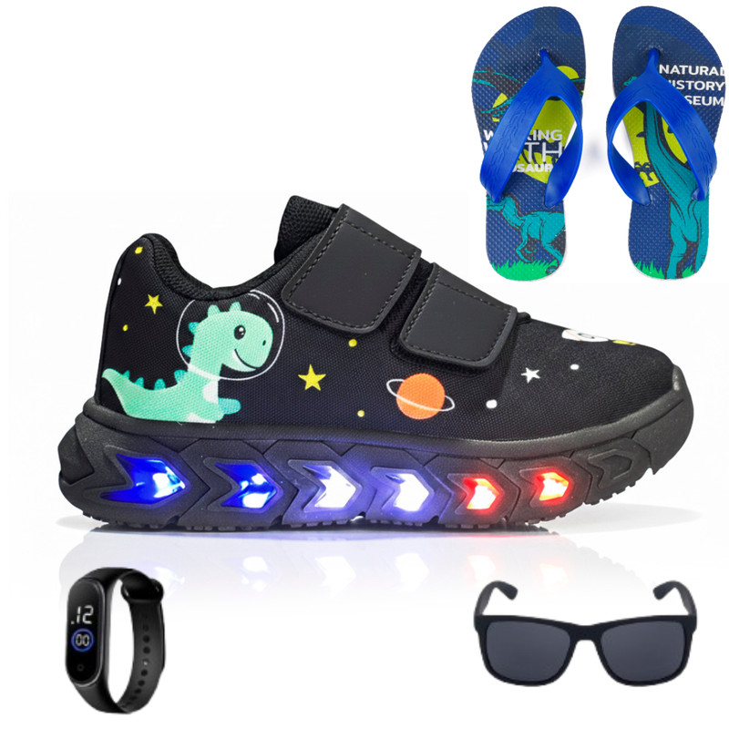 Kit com Tênis Dino Casual com Led Colorido na Sola Macia + Chinelo de Dedo Leve + Óculos + Relógio
