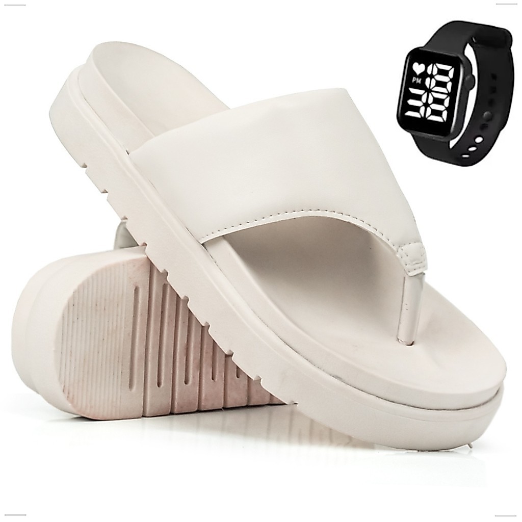 Sandalia Chinela Feminina De Dedo Papete Birken Asa Delta Rasteira Blogueira Moda Confortavel + Relógio