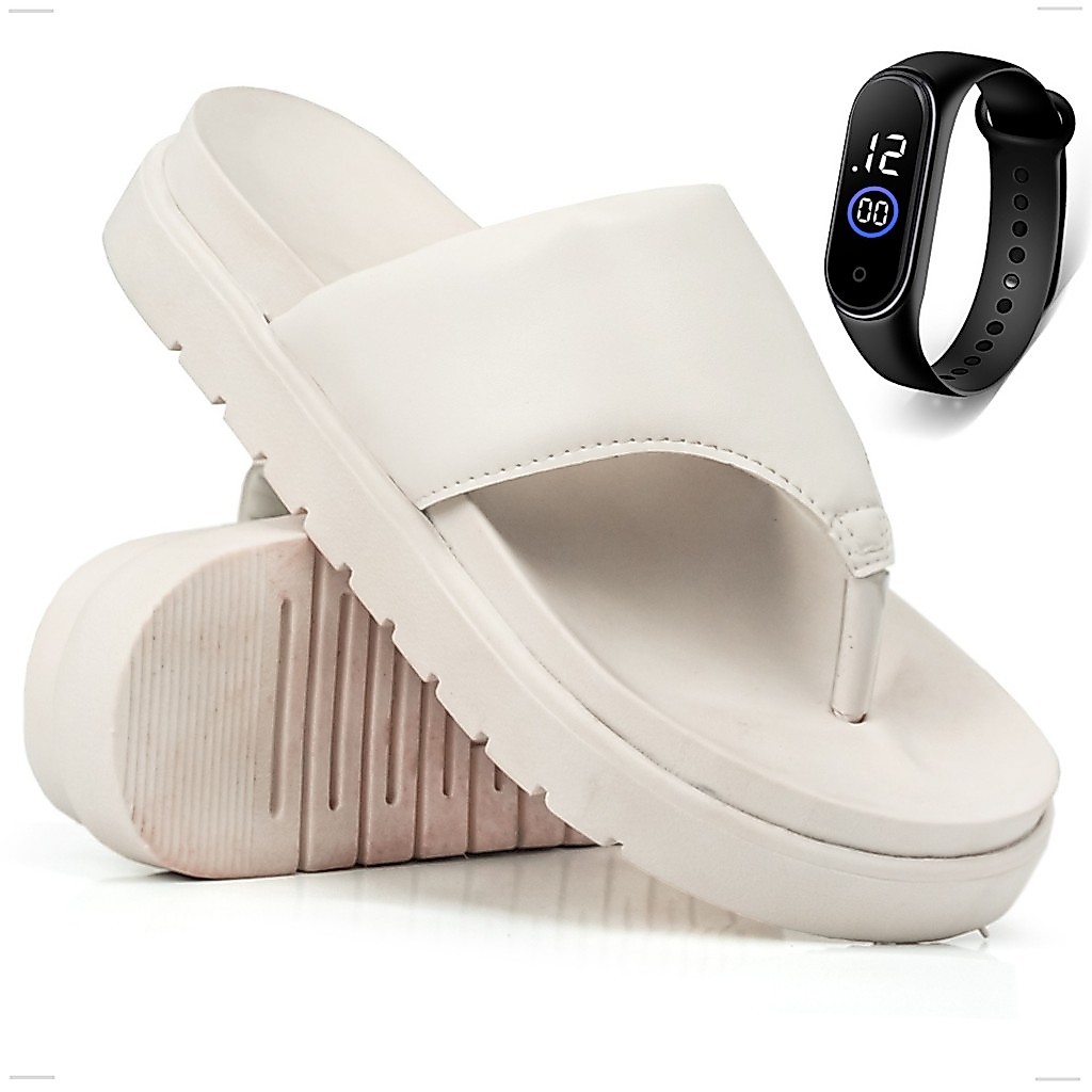 Sandalia Flat Feminina Chinelo Papete De Dedo Birken Asa Delta Rasteira Blogueira Moda Conforto + Relogio