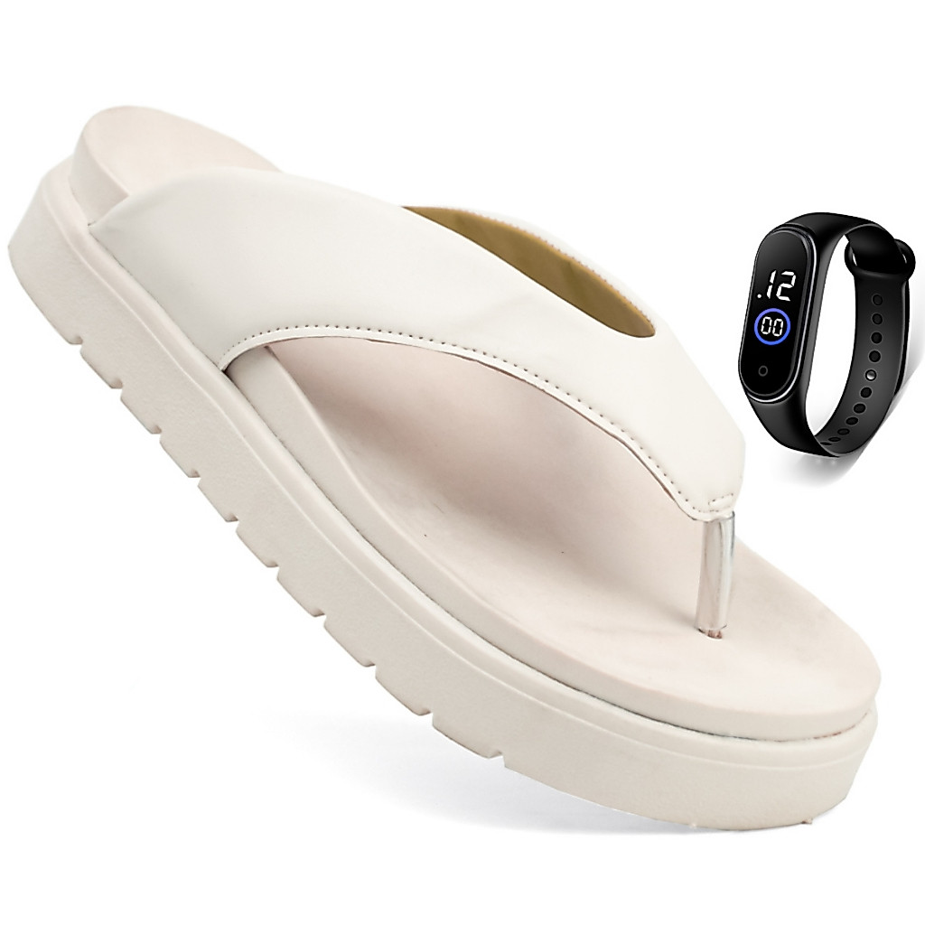 Sandalia Chinelo Asa Delta Feminina Dedo Baixa Flat Papete Blogueira Linda Moda Silenciosa Macia Conforto + Relógio
