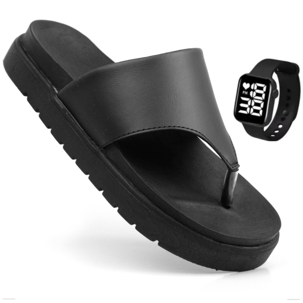 Sandalia Papete Feminina Preta Asa Delta De Dedo Flatform Rasteira Moda Confortável + Relógio
