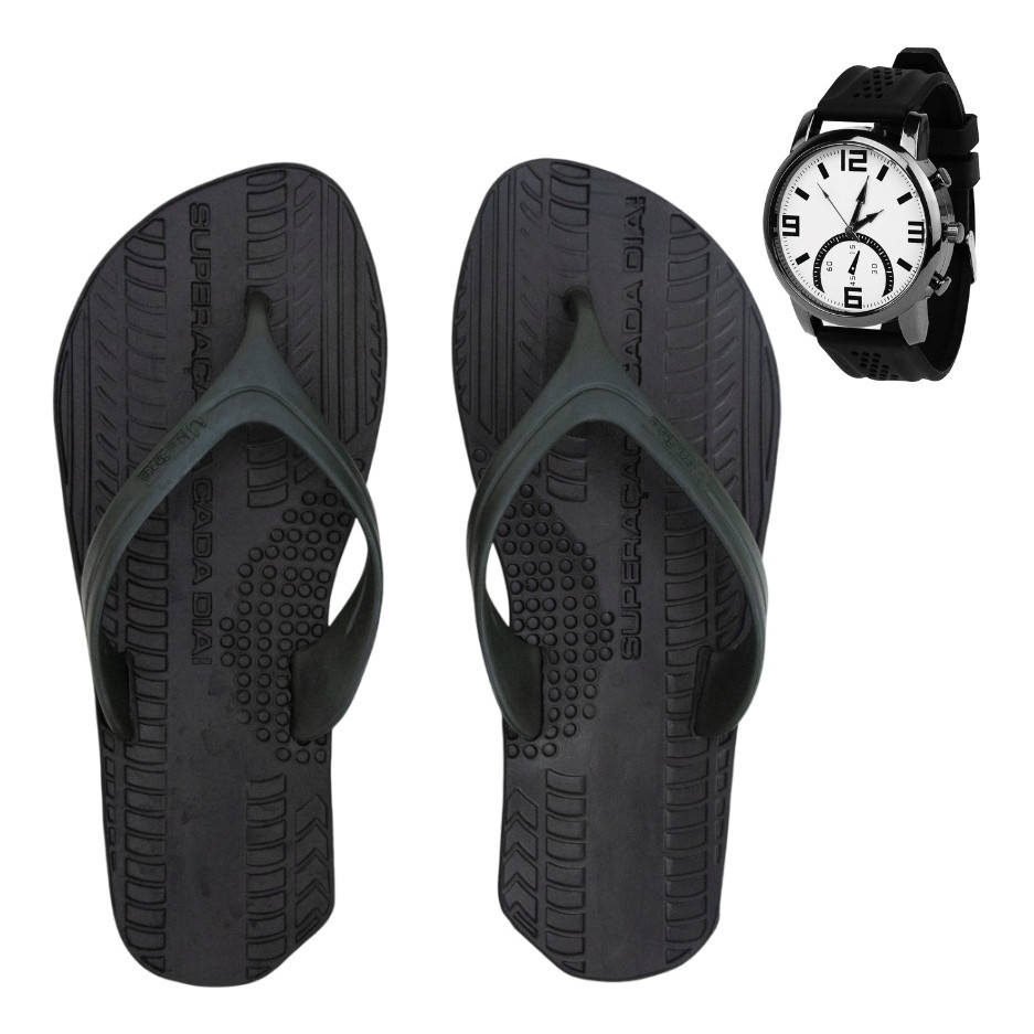 Chinelo De Dedo Masculino Ecológico Pneu Flexivel+relógio