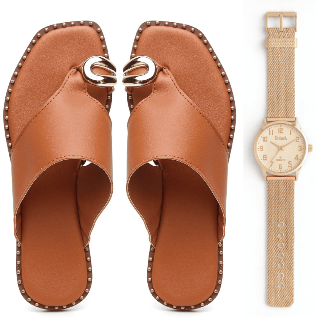 Kit Sandália Feminina Rasteira De Dedo Enfeite Dourado + Relógio Chic Presente Natal Ano Novo