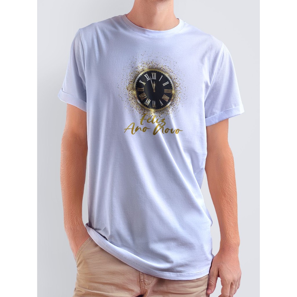 Camiseta Básica Ano Novo Tradicional Reveillon Unissex Relógio Romano