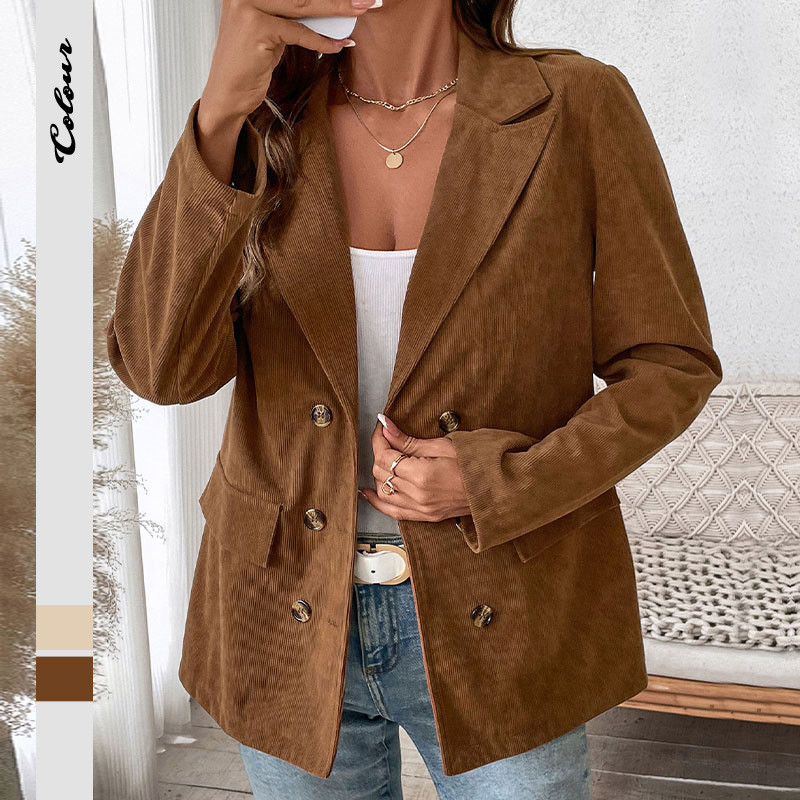 Blazer Feminino de Cor Sólida em Corduroy para Outono e Inverno