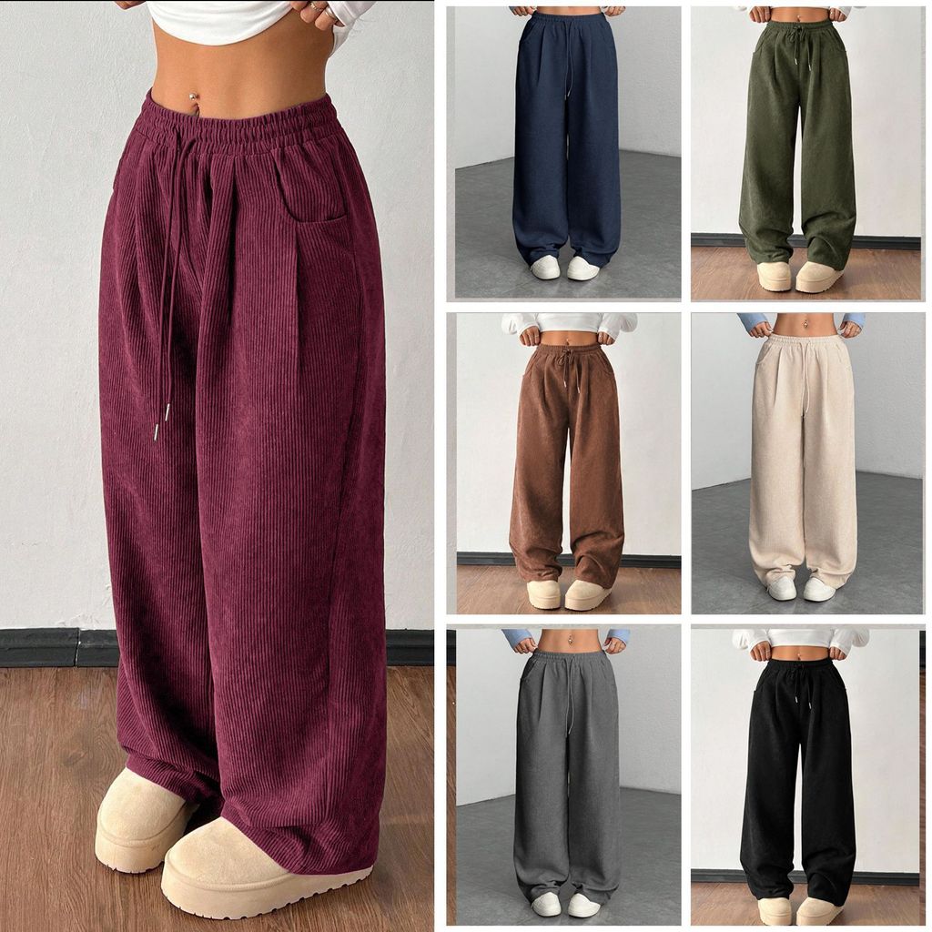 Calças Femininas de Corduroy de Perna Larga, Corte Solto, Efeito Emagrecedor, Calças Casuais com Caimento Fluido