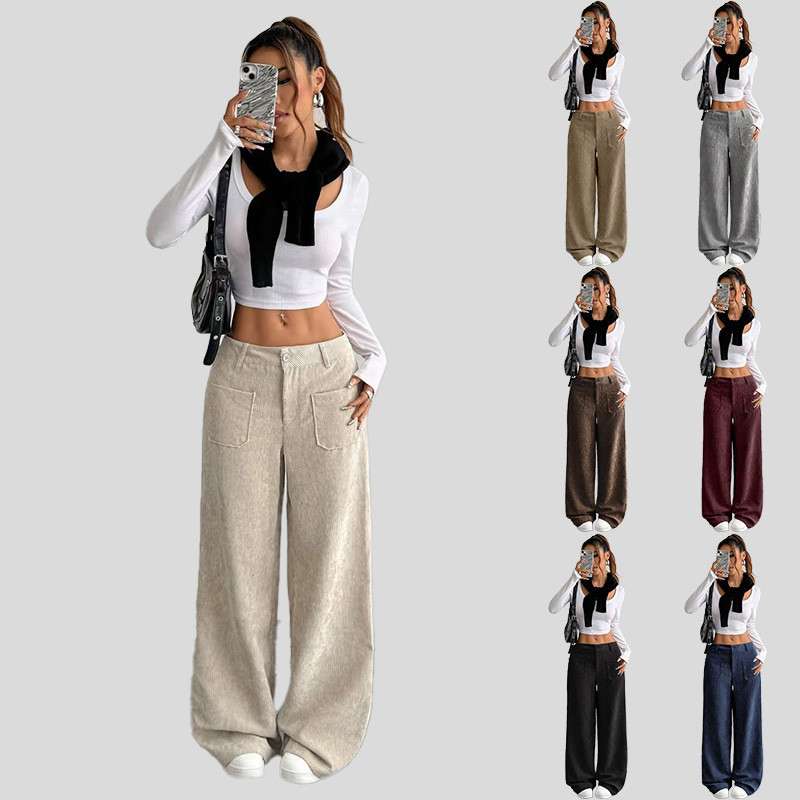 Novas Calças Femininas de Corduroy de Cintura Alta com Bolsos Frontais e Traseiros, Soltas, Comprimento Total e Perna La