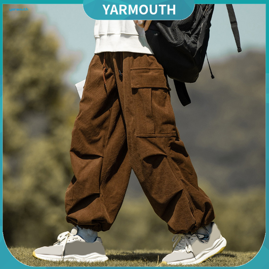 Adjustable Trouser Legs Men Trousers Men's Corduroy Cargo Pants Loose Fit Wide Leg Multi Pockets Vintage Streetwear Outd