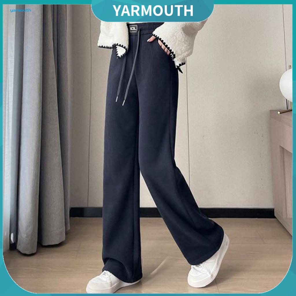 Fleece Lined Corduroy Pants Women’s High Waist Elastic Waistband Wide Leg Trousers Thick Warm Solid Color Long for Aut