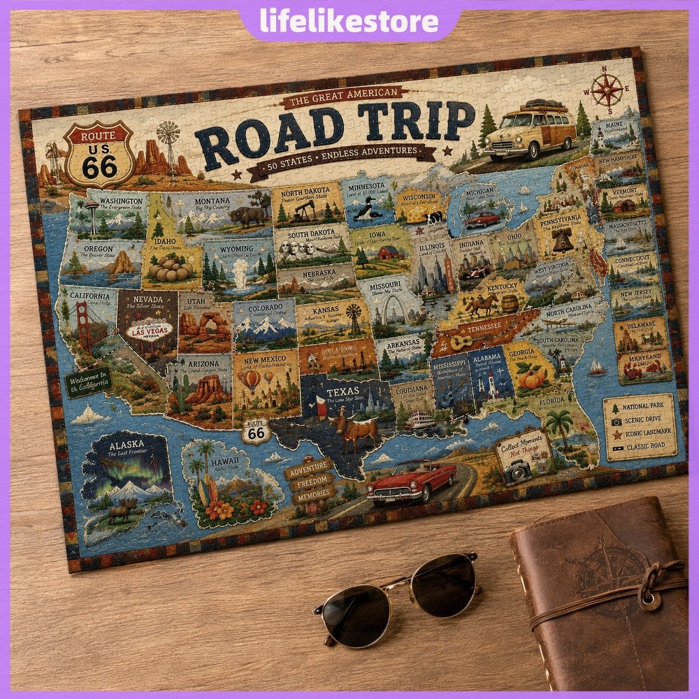 1000 Peças American Vintage Route 66 Road Trip Map Puzzle Caixa De Armazenamento Dos Eua [lifelikestore.br]