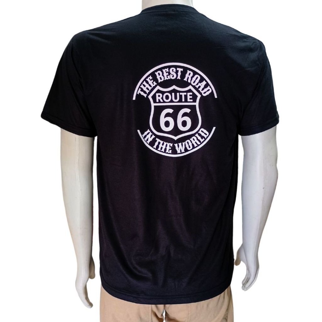 Camiseta Route 66 The Best Road, manga curta, preta, em tecido 100% poliéster.