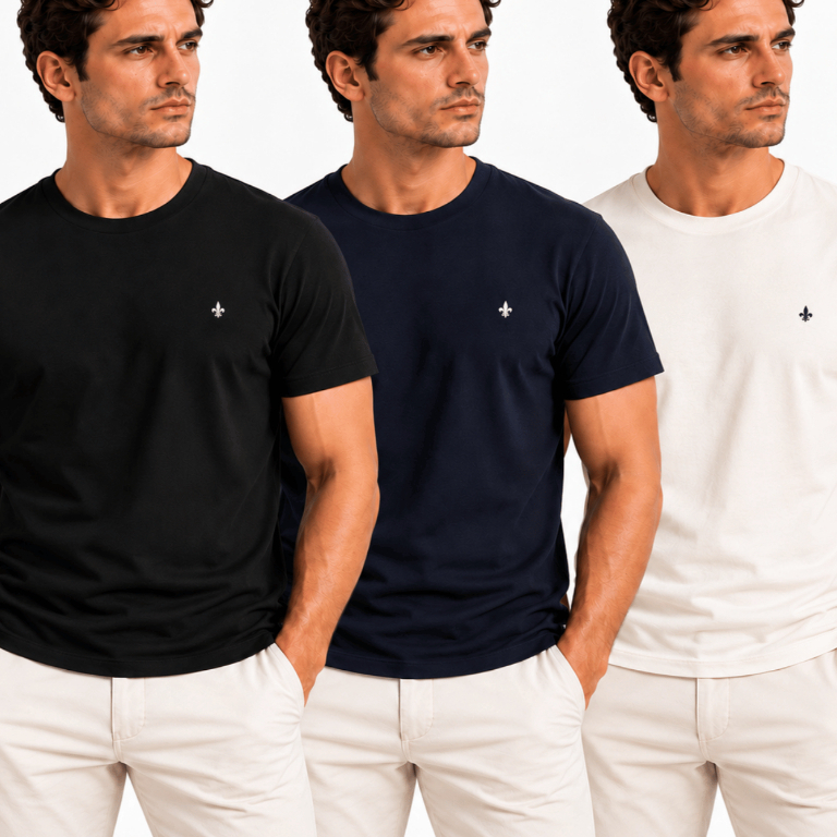 Kit 3 Camisetas Algodão 30.1 Masculinas Preto Azul-Marinho Off-White Básicas com Logo Discreta