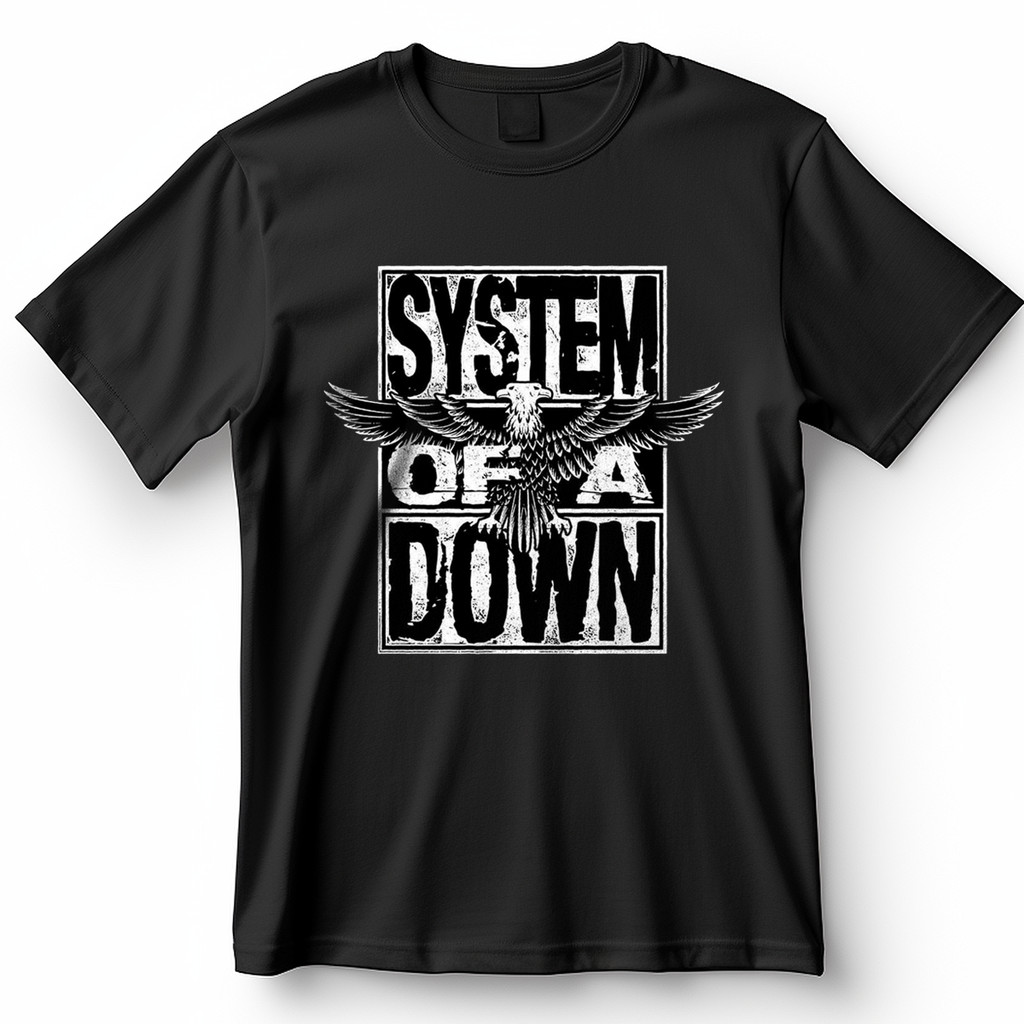 Camiseta System Of A Down Águia Logo Vintage Rock Preto e Branco Blusa Camisa 100% Algodão