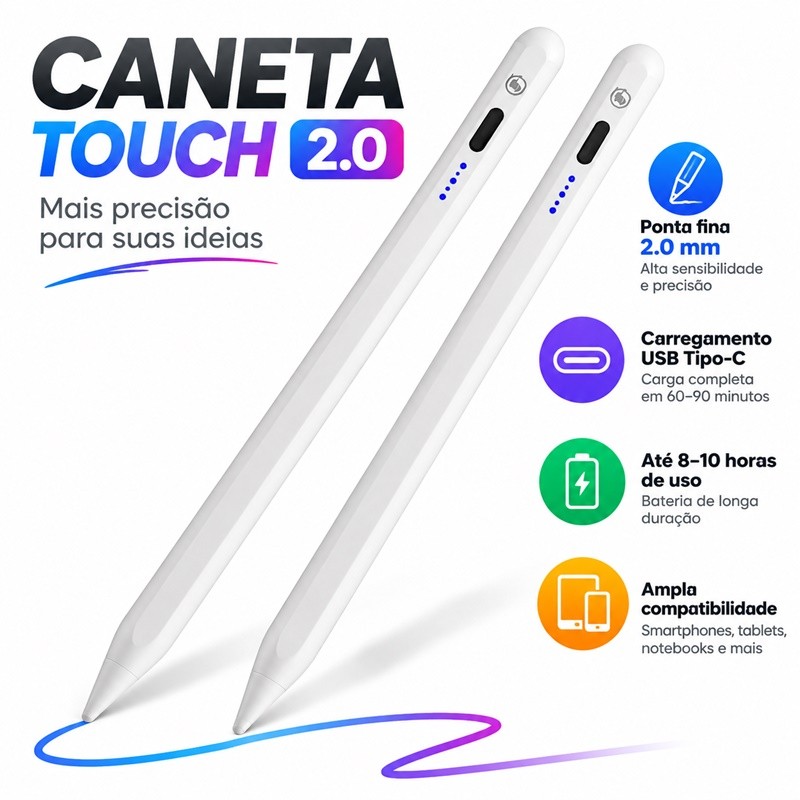 Caneta Touch Screen Ponta Fina Desenho iPad iPhone Android Alta Precisão Universal Design Grafico Janoclick