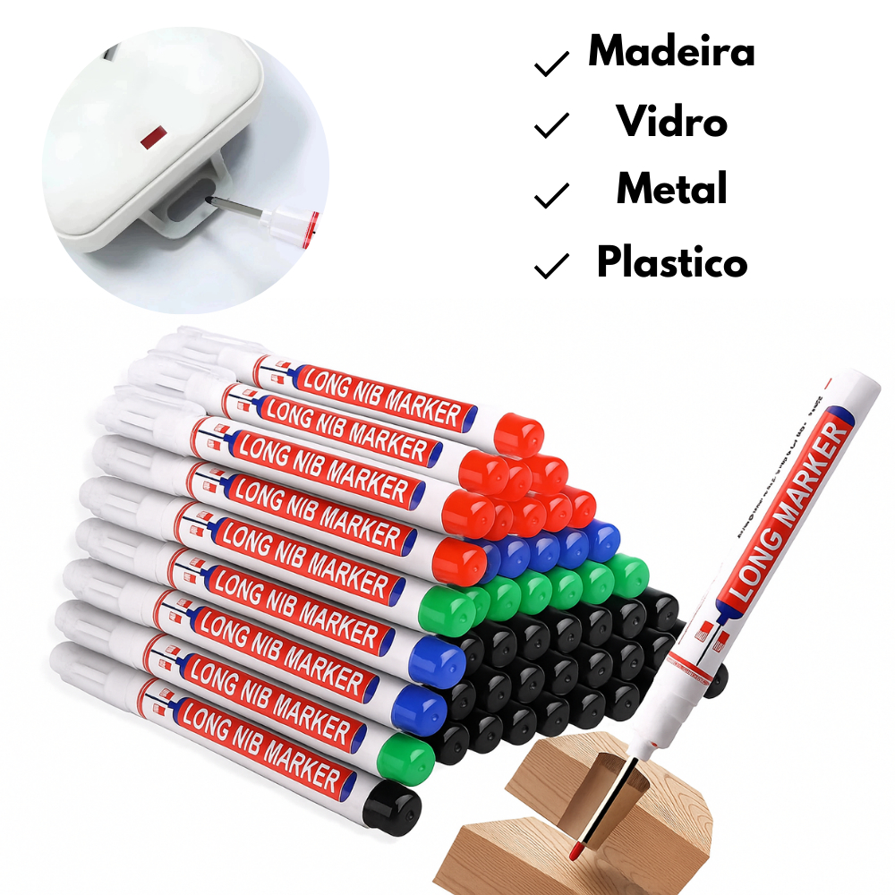 Caneta Marcador Ponta Longa 20mm Prova Agua Marceneiro Marcar Buracos Metal Madeira Vidro Plastico