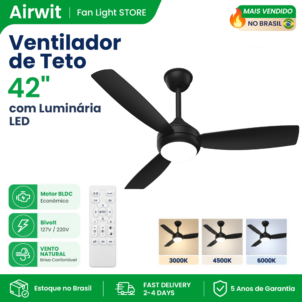 🔥Airwit 42 Inch 3Pás Ventilador de Teto com Luminária LED Motor BLDC LED Integrada Silencioso 6 Velocidades Bivolt