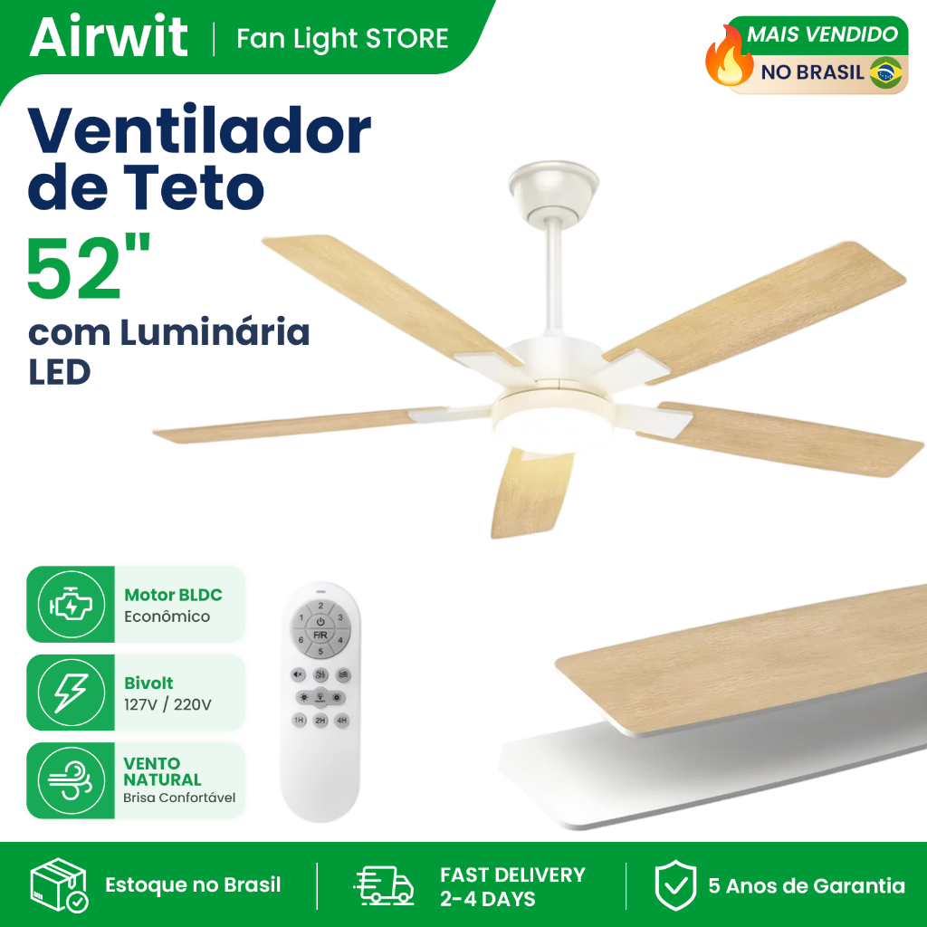 🔥Airwit 52 Inch 5 pás Ventilador de Teto com Luminária LED 127/220 Volts Controle Remoto Vento Forte