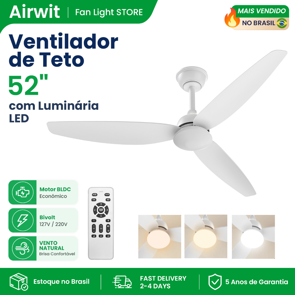 🔥Airwit 52 Inch 3 Pás Ventilador de Teto com Luminária LED Motor DC Silencioso Econômico Com Controle Remoto para Quaro