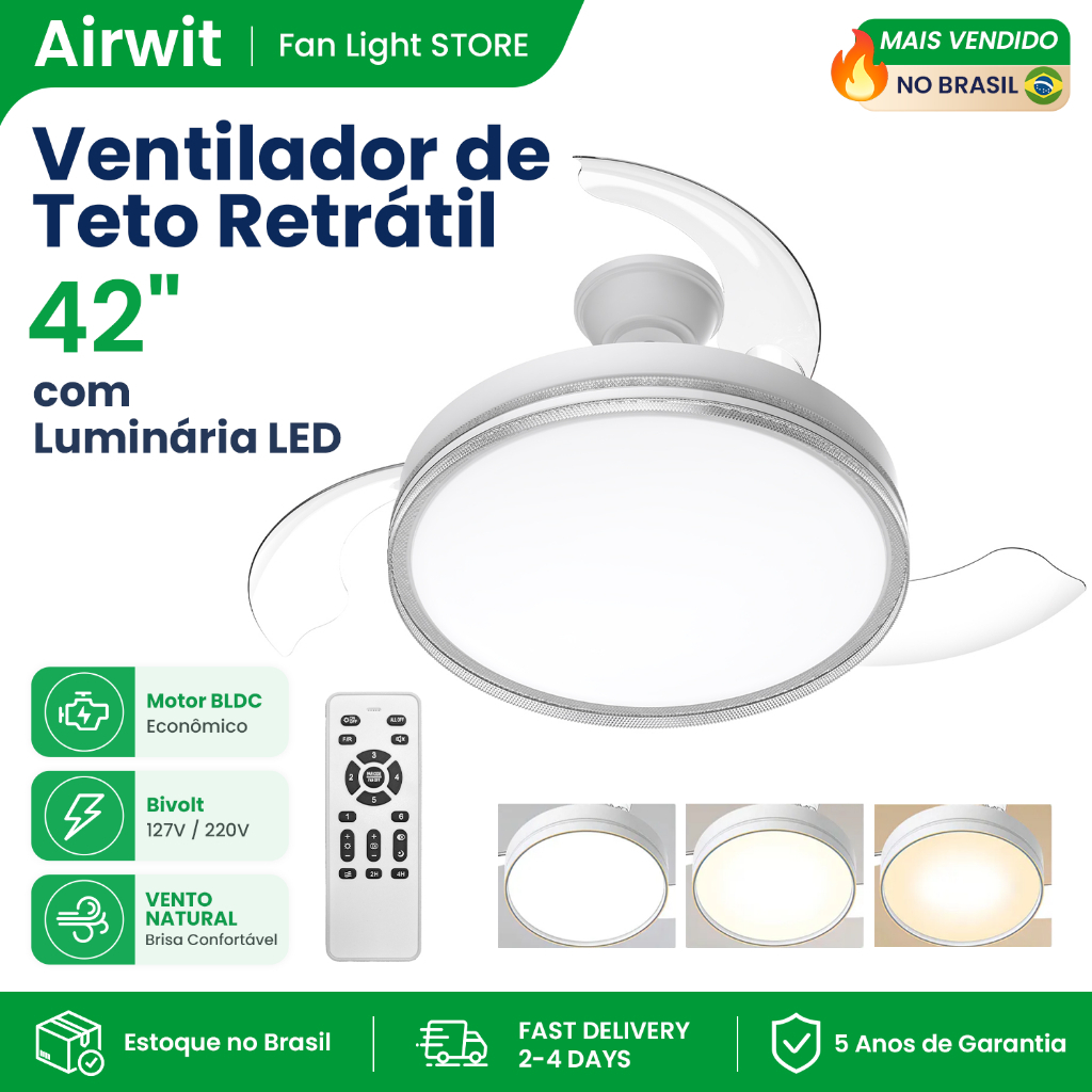 🔥Airwit 42 Inch 3 Pás Ventilador De Teto Retráteis Com Luminária LED 6 Velocidade Controle Remoto Apartamento Ventilador