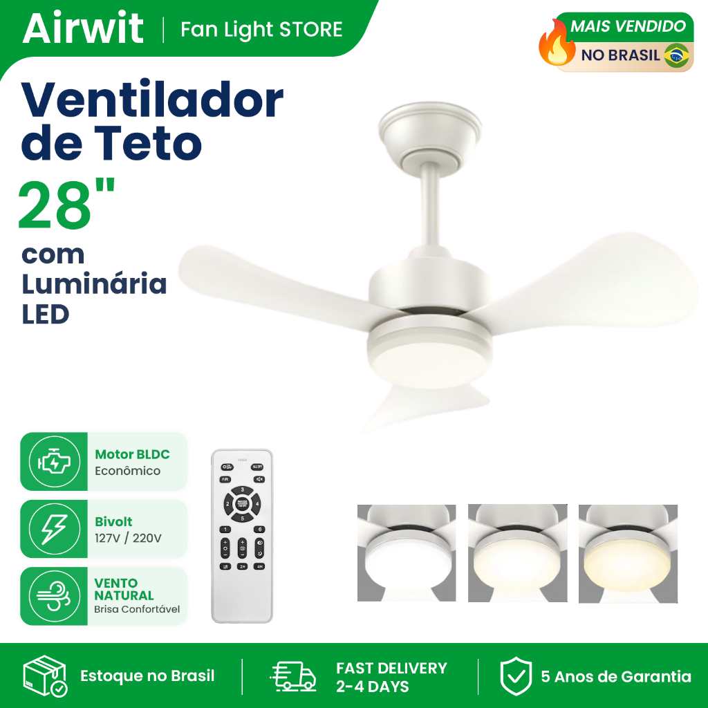 🔥Airwit 28 Inch 3 Pás Ventilador de Teto com Luminária LED Motor BLDC 6 Velocidades Controle Remoto 127/220 Volts