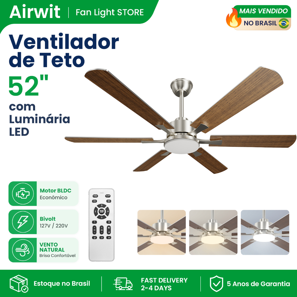🔥Airwit 52 Inch 6 Pás Ventilador de Teto com Luminária LED Motor BLDC Bivolt 127V/220V com Controle Remoto