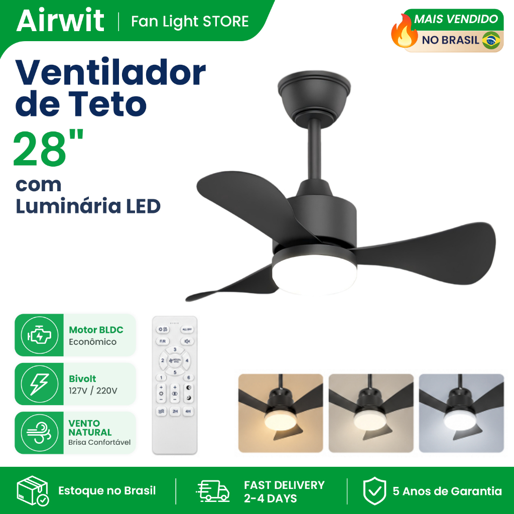 🔥Airwit 28 Inch 3 Pás Ventilador de Teto Com Luminária LED Econômico Silencioso Controle Remoto para Bedroom