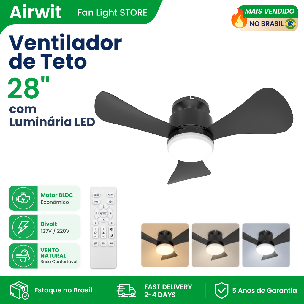 🔥Airwit 28 inch 3 Pás Ventilador De Teto Com Luminária LED Motor BLDC Bivolt Controle Remoto LED Integrada Silencioso