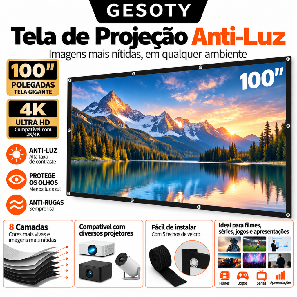 Gesoty Tela de Projeção Anti-Luz HD 100 inch, 2K/4K, 8 Camadas, Anti-Rugas, Proteção dos Olhos, Fácil Instalação