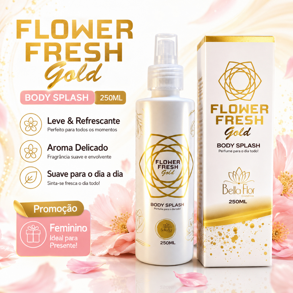 Body Splash Bella Flor Flower Fresh Gold 250ml Feminino Fragrância Floral Leve Refrescante Uso Diário Presente