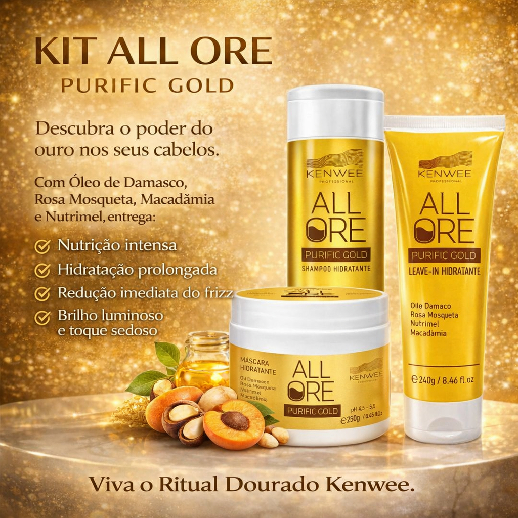 Kit Ritual Dourado - Shampoo Máscara Leave-in Macadâmia All Ore Kenwee