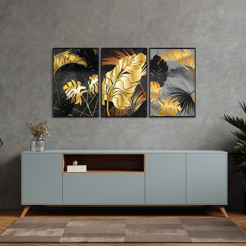 Kit 03 quadros decorativos decoração em geral folhas leaves golden ouro douradas com moldura