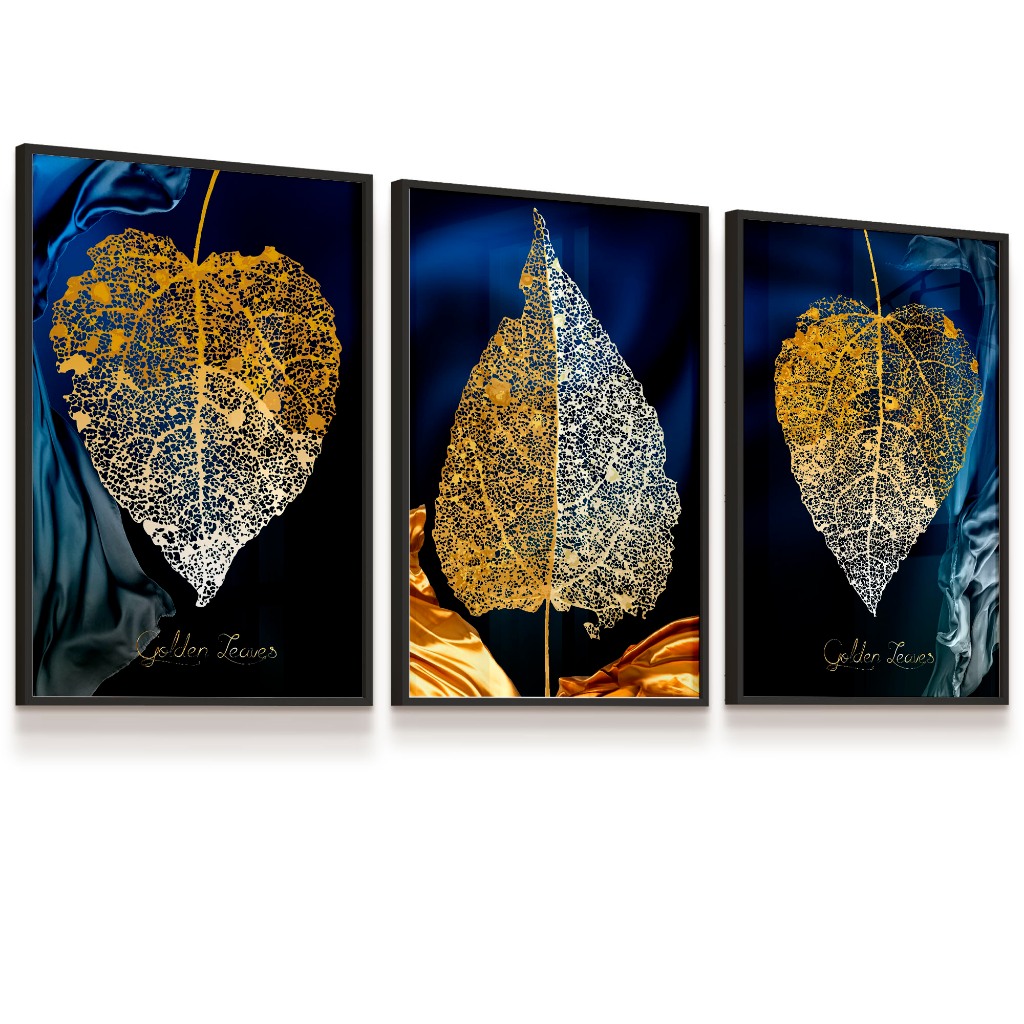 Quadro Vidro Folhagens Folhas Tons Azuis Douradas Gold Leaves 33x43 cada