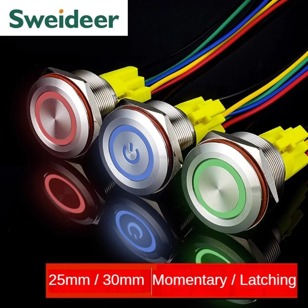 Interruptor De Botão De Metal 25MM30MM , Símbolo De Energia , À Prova D'água , Indicador LED , Travamento Momentâneo , P