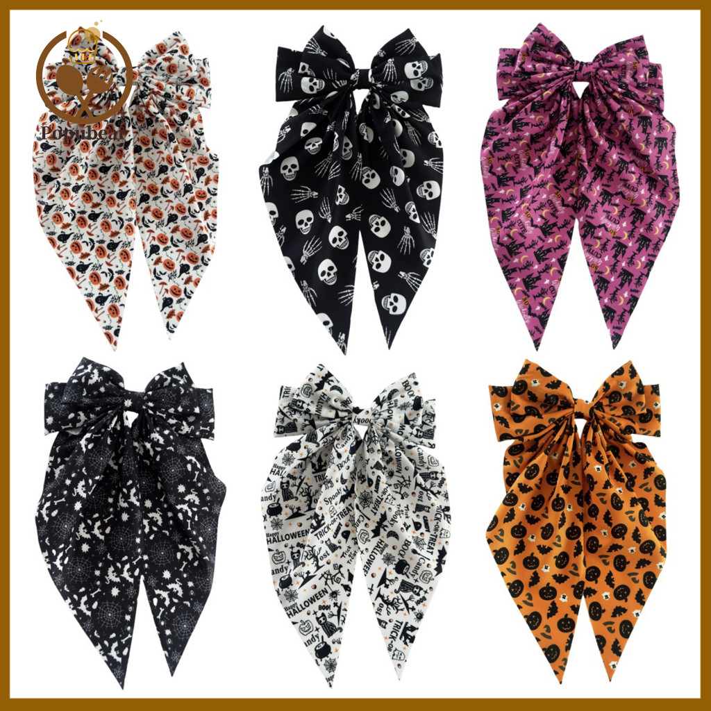 Halloween Bow Hairpin Skull Accessory Hair Clips for Women – Cute Pumpkin Skeleton Ghost Printed Fabric Barrettes Spri