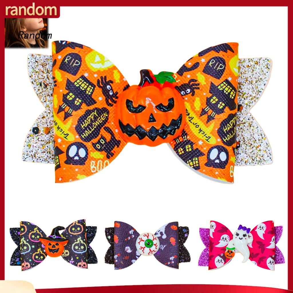 Cute Cartoon Hair Decorations Pumpkin Ghost Eyeball Clips Halloween Glitter Bow for Kids Girls Double Layer Hairpins for