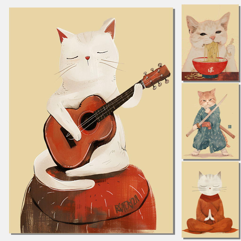 Kit 10 Posters Vintage Gatos - Cartazes de Parede A4- Decoração cats japonês samurai retro fofo cute