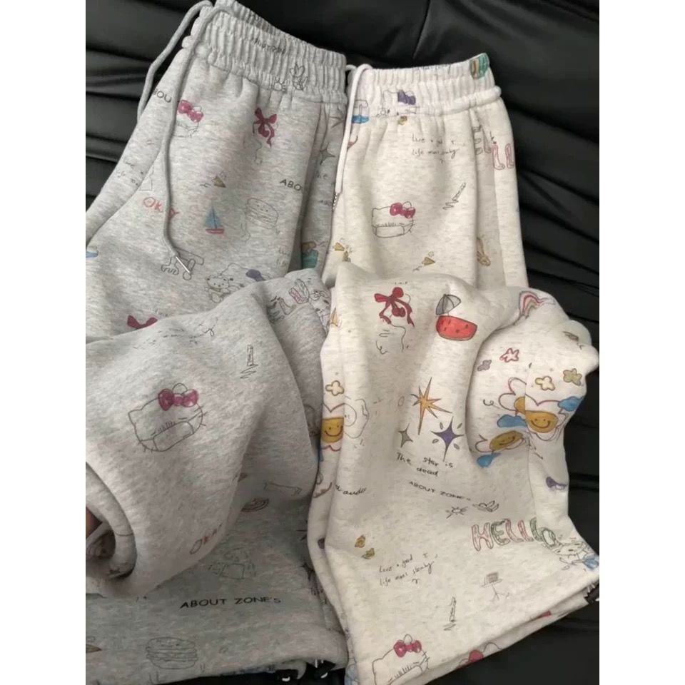 Mulheres Cute Cat Print Long Straight Calças Moda Solta Casual
