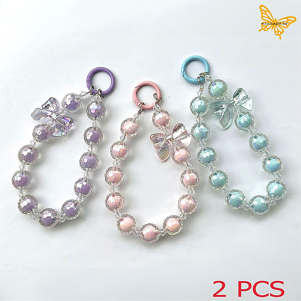 KIT 2  Cordao Perla De Celular Telefone Decoracao Lanyard Com Cartão Bonito Colourful Bead Bracelet SL007