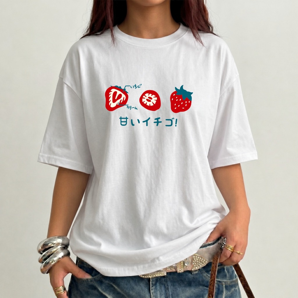 Camiseta Oversized Unissex Estampa Morango Kawaii Japonesa Streetwear Premium
