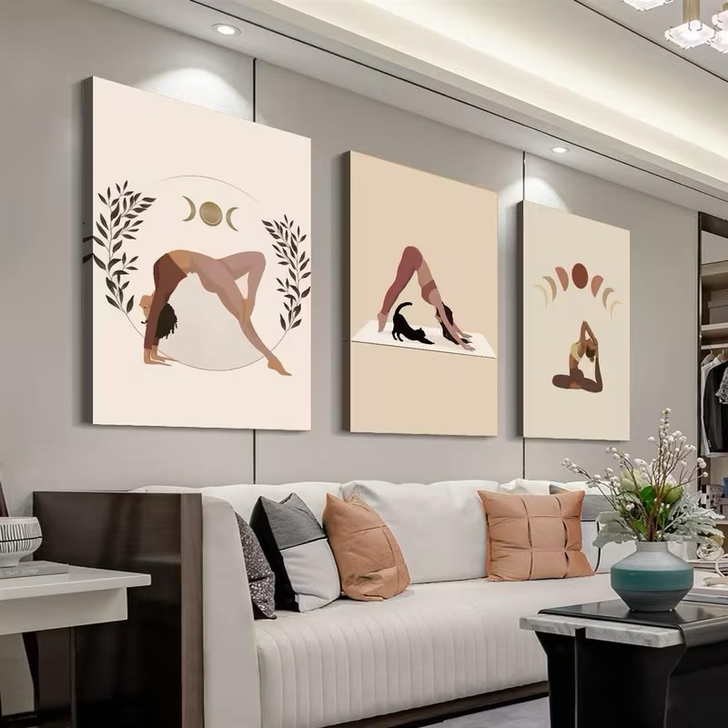 Kit 3 Quadros Decorativos Yoga Poses Abstrato Boho Terapia Zen Meditação Pilates Quarto Sala Estúdio